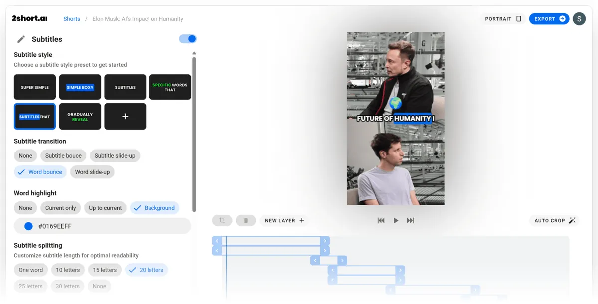 2short.ai clip editor with subtitle style presets, word highlight options and a vertical preview of a clip