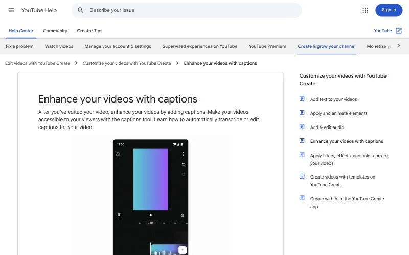YouTube Help page Enhance your videos with captions for the YouTube Create app on Android