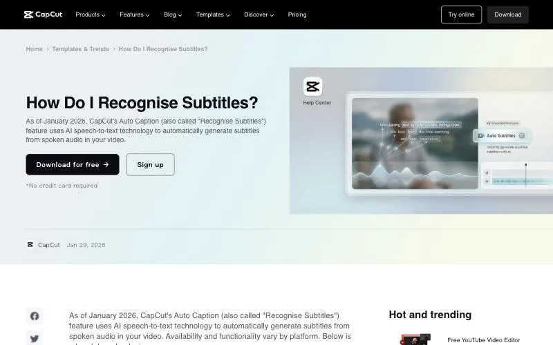 CapCut help article How Do I Recognise Subtitles, dated January 2026