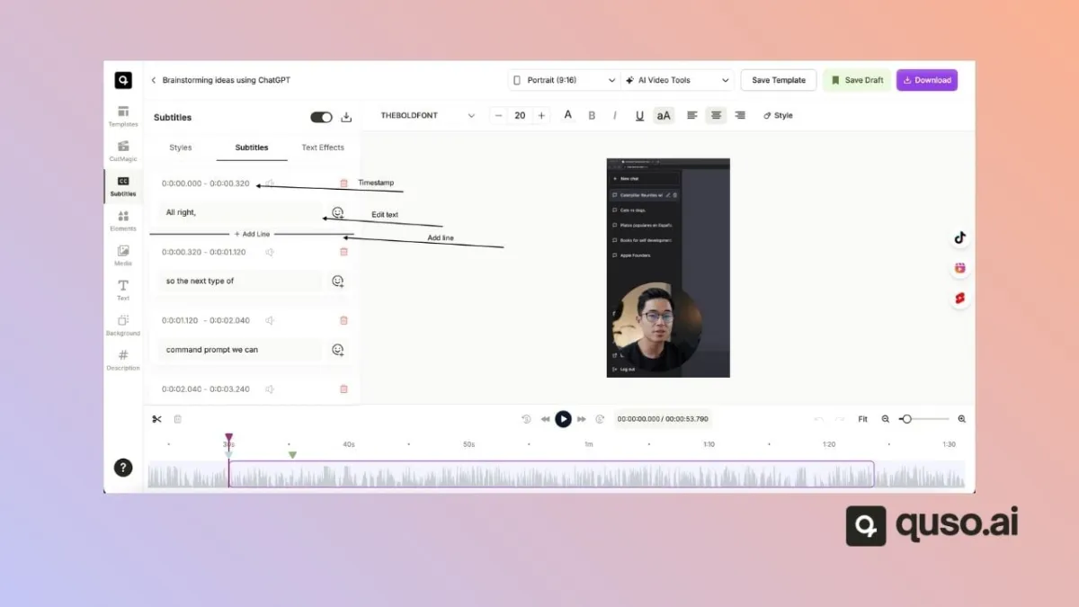 A subtitle editor with timestamps and editable caption lines next to a vertical video