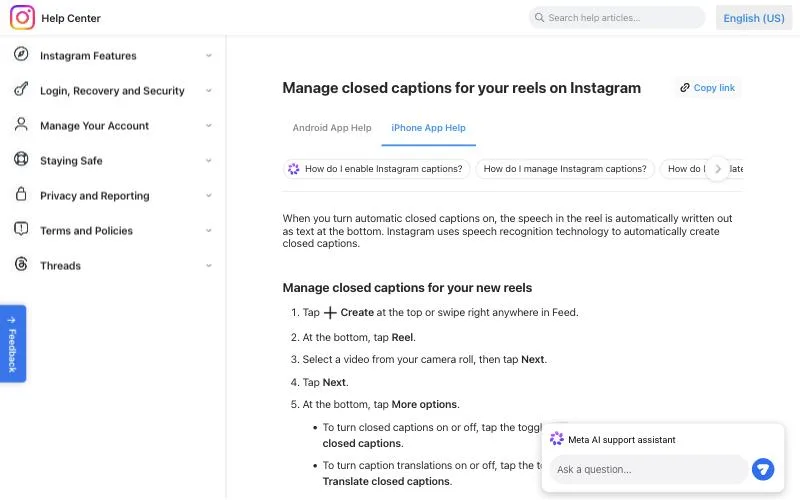 Instagram Help Center page Manage closed captions for your reels on Instagram, iPhone steps