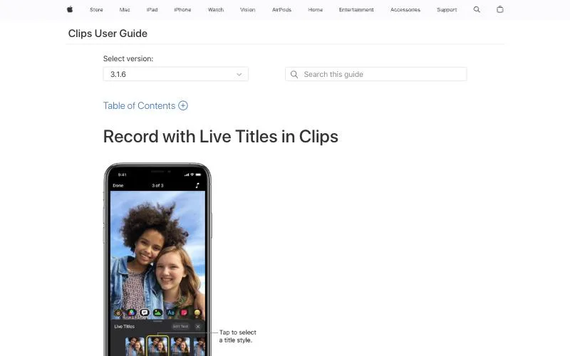 Apple Clips User Guide page Record with Live Titles in Clips