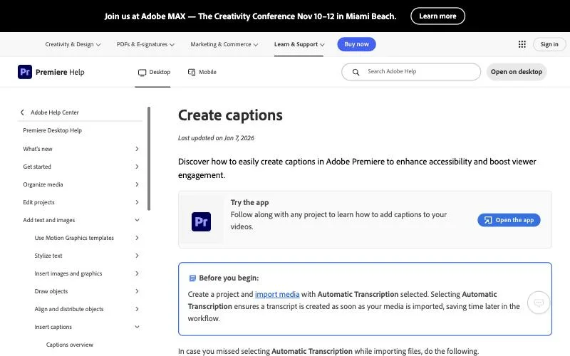 Adobe Premiere Help page Create captions, last updated January 7, 2026