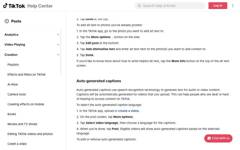 TikTok Help Center section on auto-generated captions with steps to select the video language