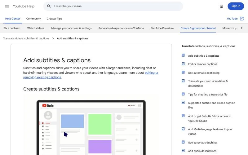 YouTube Help page titled Add subtitles and captions