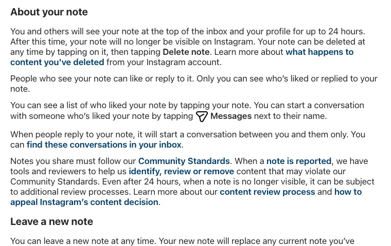 Instagram Help Center section About your note: notes show for up to 24 hours, can be deleted any time, and only you can see who liked or replied