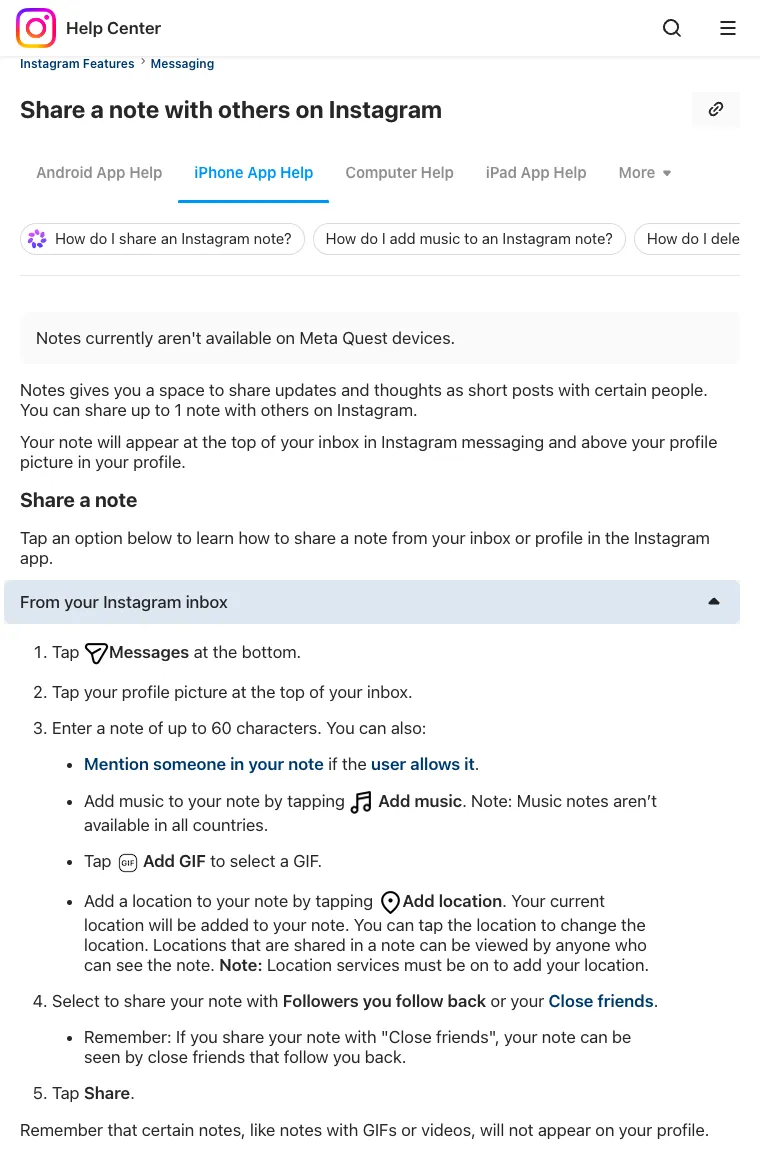 Instagram Help Center article Share a note with others on Instagram, showing the iPhone steps: tap Messages, tap your profile picture, enter a note of up to 60 characters, choose followers you follow back or close friends, tap Share