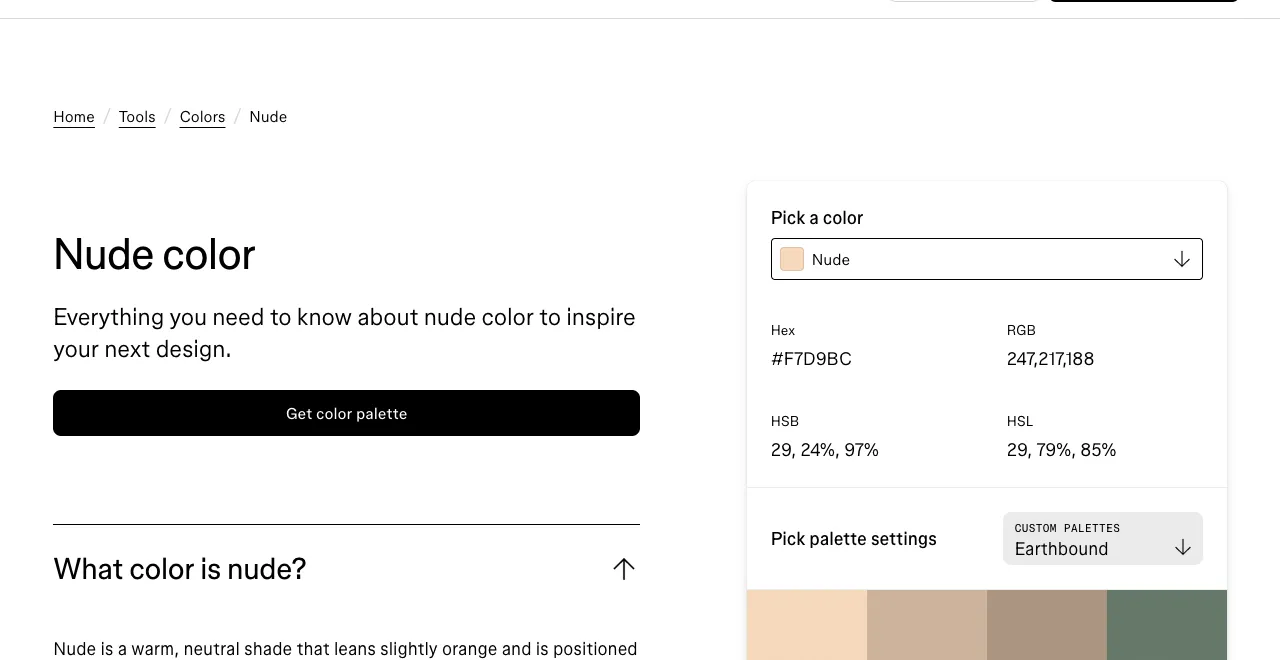 Figma nude color page showing hex #F7D9BC, RGB 247, 217, 188 and an Earthbound palette