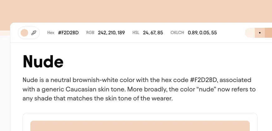 HTML Color Codes nude page: hex #F2D2BD, RGB 242, 210, 189, and a note that nude now refers to any shade that matches the wearer's skin tone
