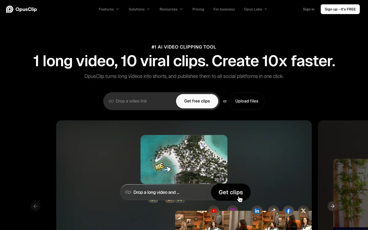 OpusClip homepage with a video link box and the headline