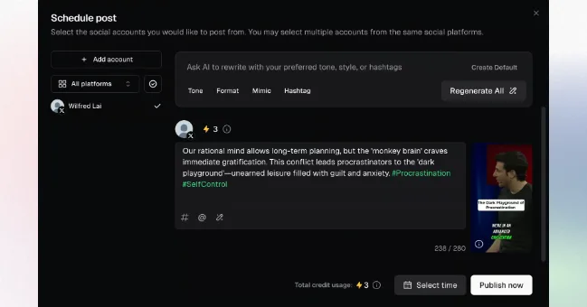OpusClip Schedule post window for X showing a total credit usage of 3