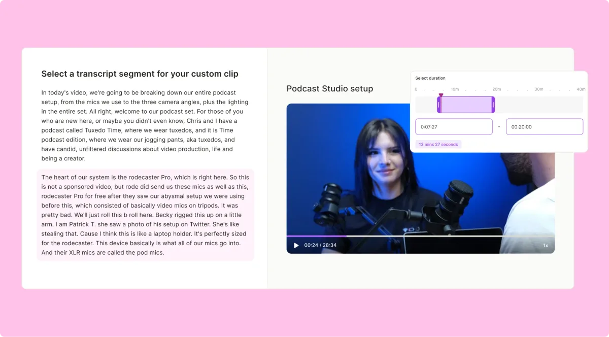 quso.ai custom clip view with a highlighted transcript paragraph next to the video and a selected duration of 13 minutes 27 seconds