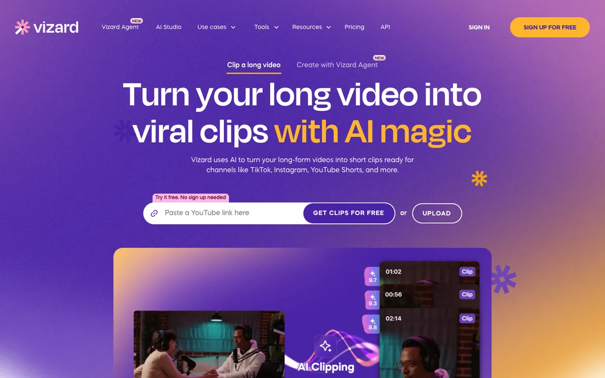 Vizard homepage with the headline Turn your long video into viral clips with AI magic and a box to paste a YouTube link