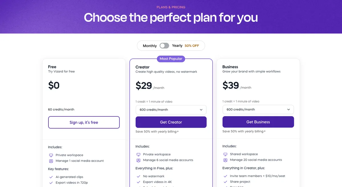 Vizard pricing page with monthly billing: Free $0 with 60 credits, Creator $29 and Business $39 a month with 600 credits