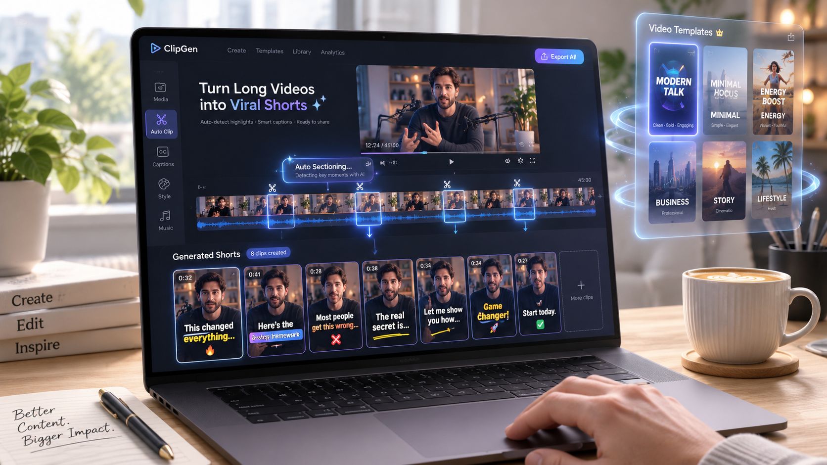 A modern laptop displaying an AI-powered video editing software tool for creating short social media clips.
