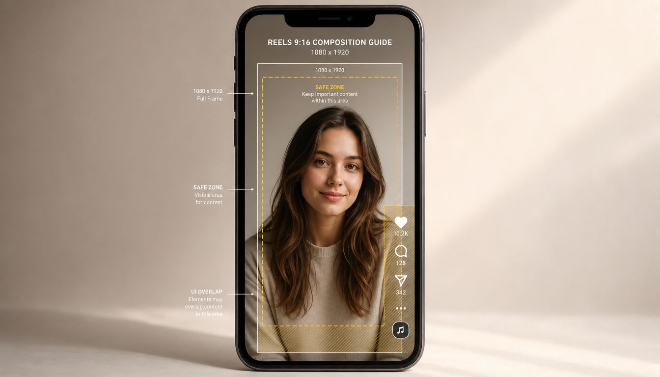 An infographic displayed on a smartphone screen showing the Instagram Reels safe zone composition guidelines and layout.