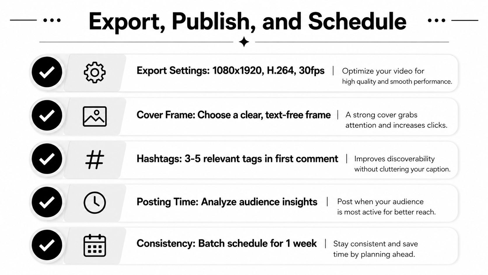 A checklist graphic titled Export, Publish, and Schedule for optimizing and posting social media video content.