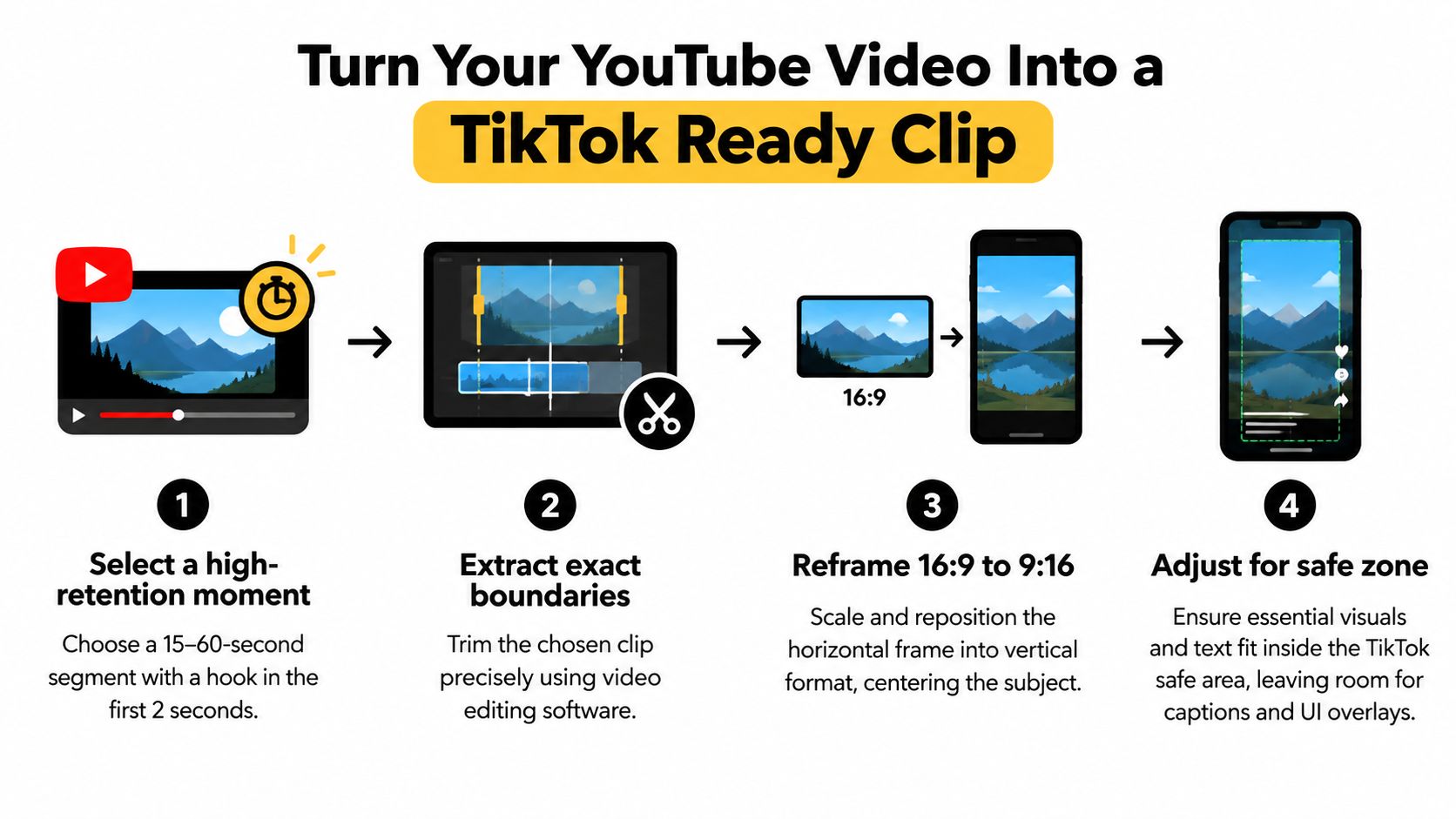 A four-step infographic showing how to convert a horizontal YouTube video into a vertical TikTok clip.
