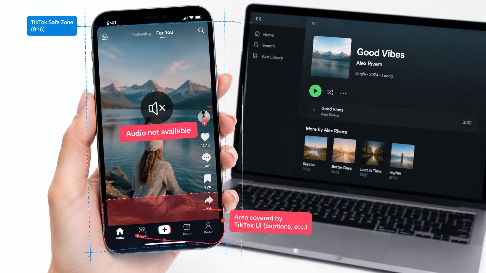 A hand holding a smartphone showing TikTok UI layout guide alongside a laptop playing music.