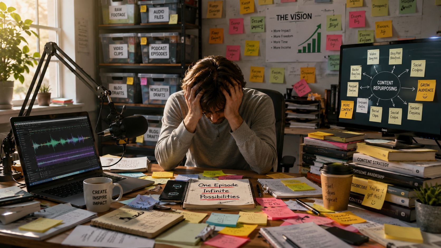A frustrated content creator sitting at a cluttered desk filled with notebooks, sticky notes, and computer screens.