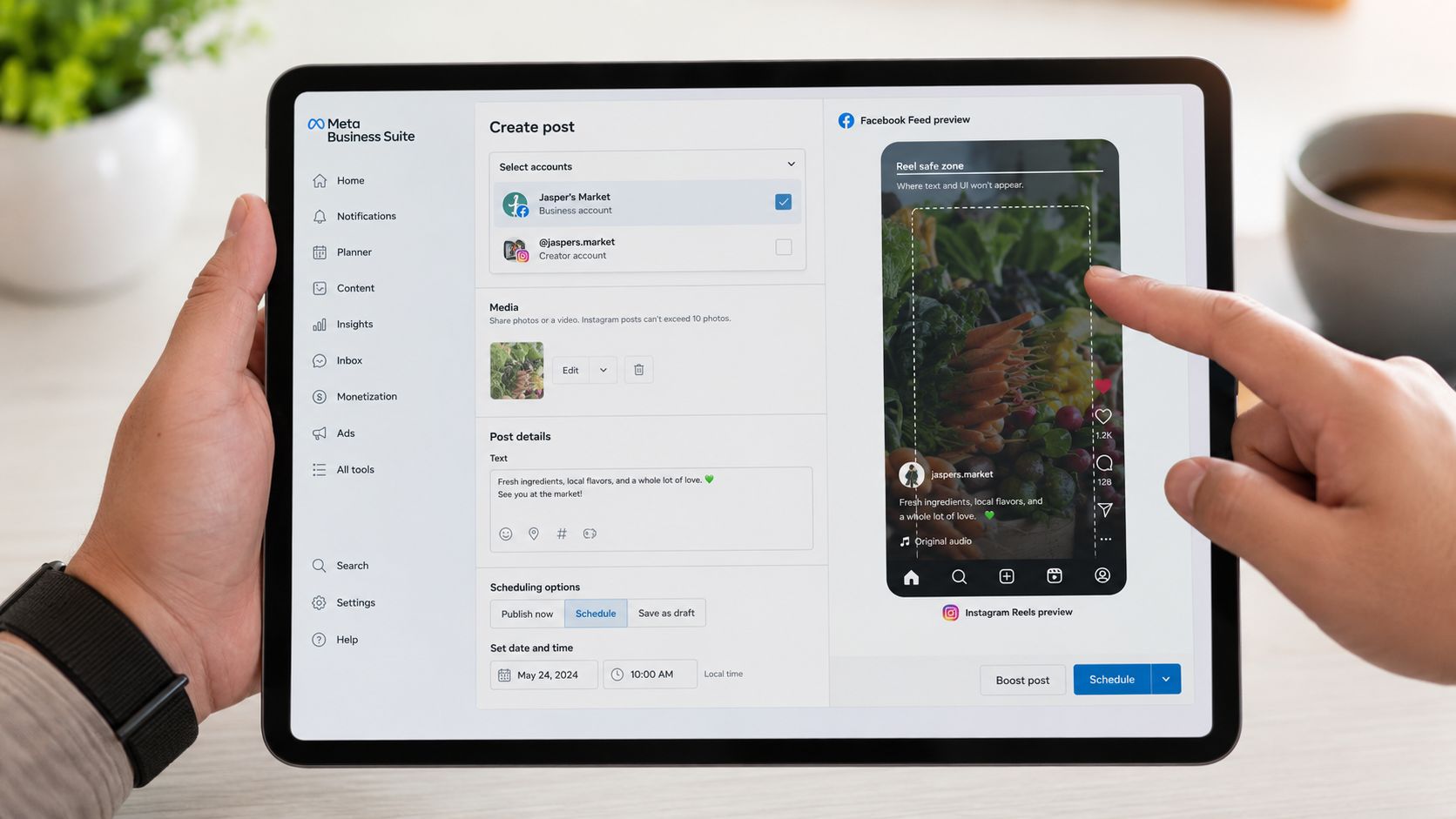A person using a tablet to schedule an Instagram reel via the Meta Business Suite interface.