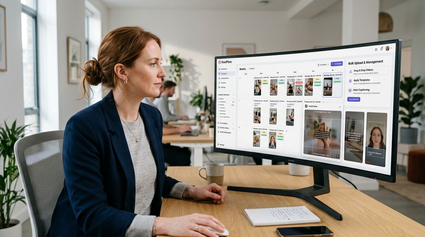 A professional woman working at a computer using ReelPlow to plan and schedule Instagram reels.