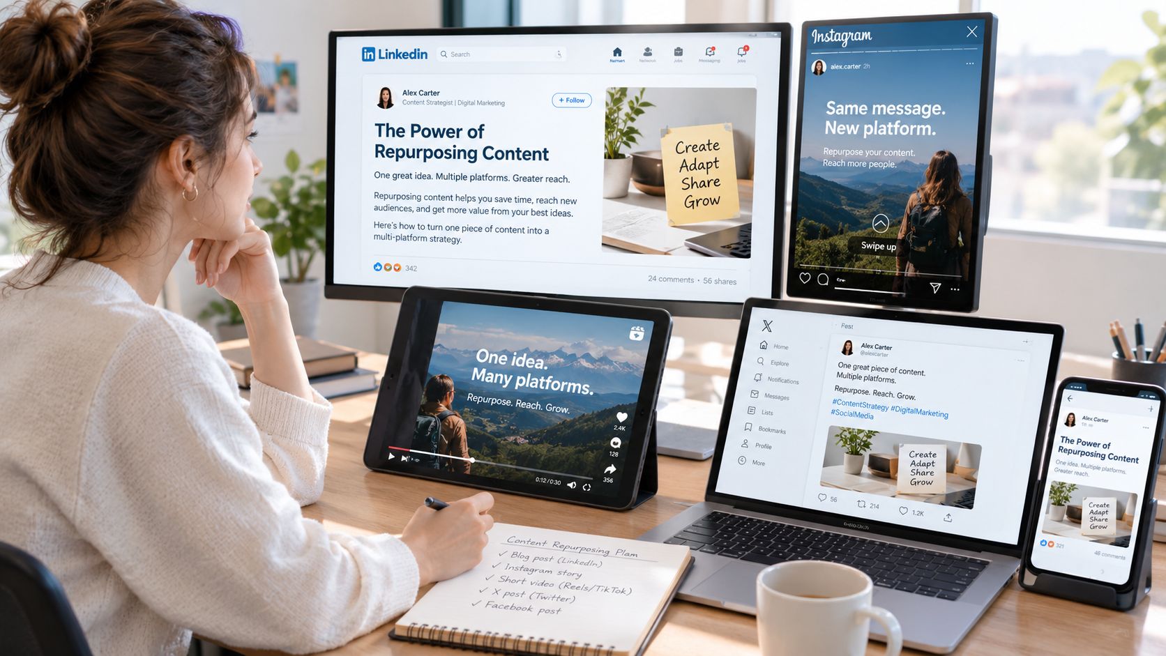 A professional woman planning content repurposing strategy across multiple digital platforms including LinkedIn, Instagram, and X.