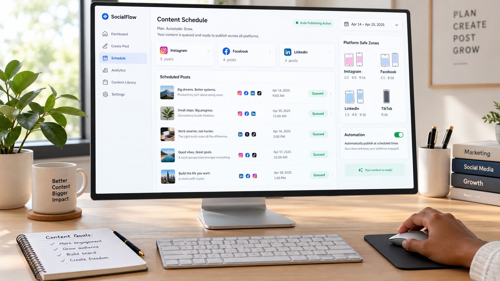 A modern computer screen displaying a social media content scheduling dashboard on a professional desk.