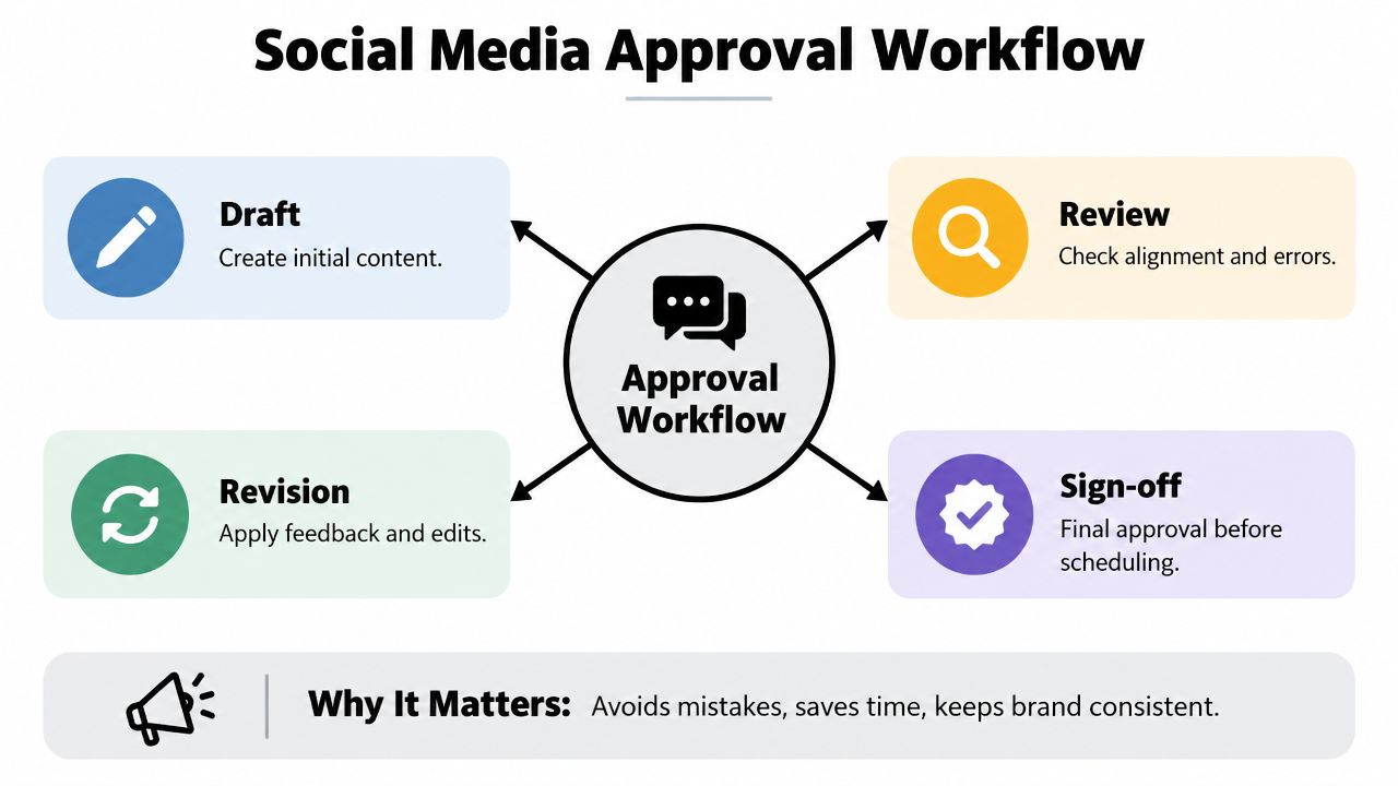 A diagram illustrating the four steps of a social media approval workflow including drafting, reviewing, revising, and sign-off.