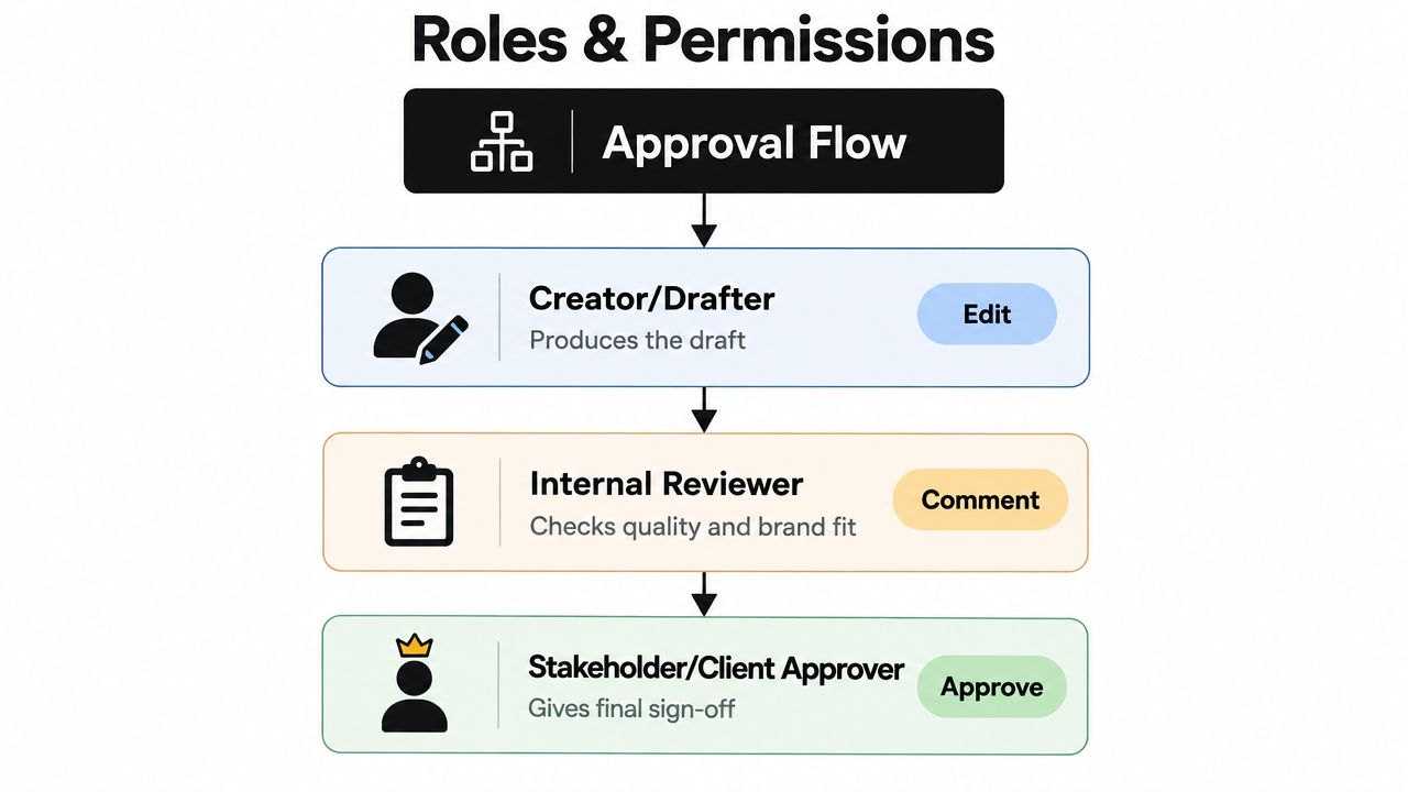 A diagram illustrating a three-step business approval workflow featuring a creator, internal reviewer, and client approver.