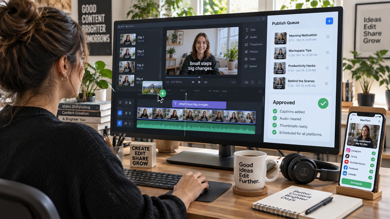 A woman working on video editing software for social media content creation on a computer screen.
