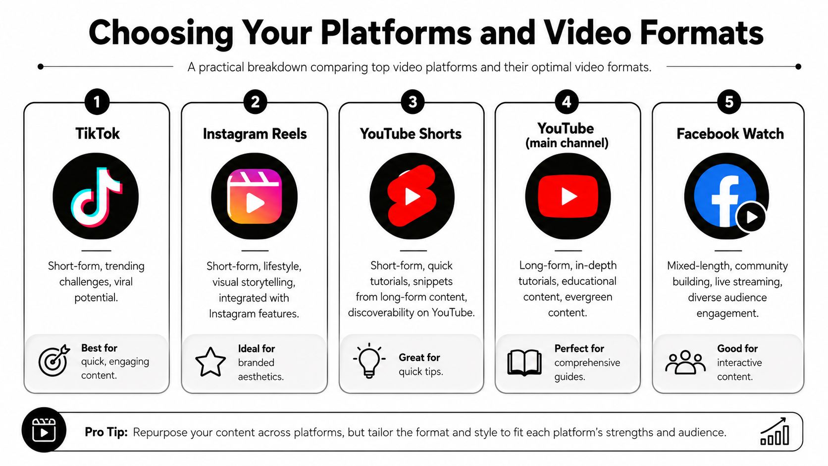 An infographic titled Choosing Your Platforms and Video Formats comparing five popular social media video platforms.