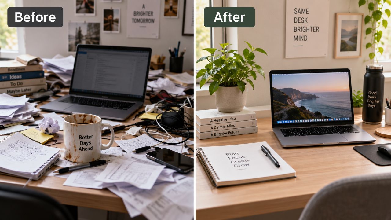 A split image showing a messy office desk before and a clean organized desk after optimization.