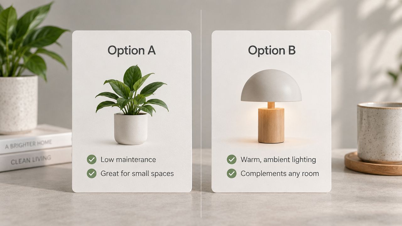 A side-by-side comparison featuring a green houseplant under Option A and a modern table lamp under Option B.