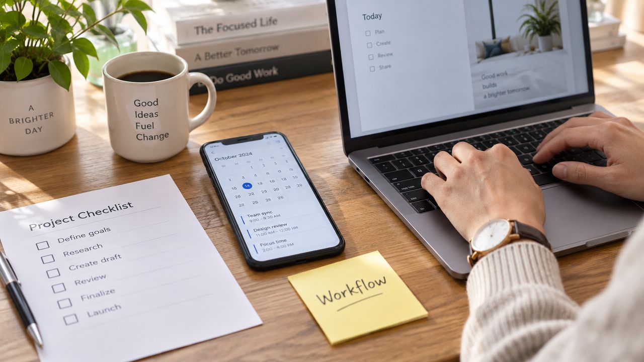 A person working at a desk with a laptop, smartphone calendar, checklist, and notes.