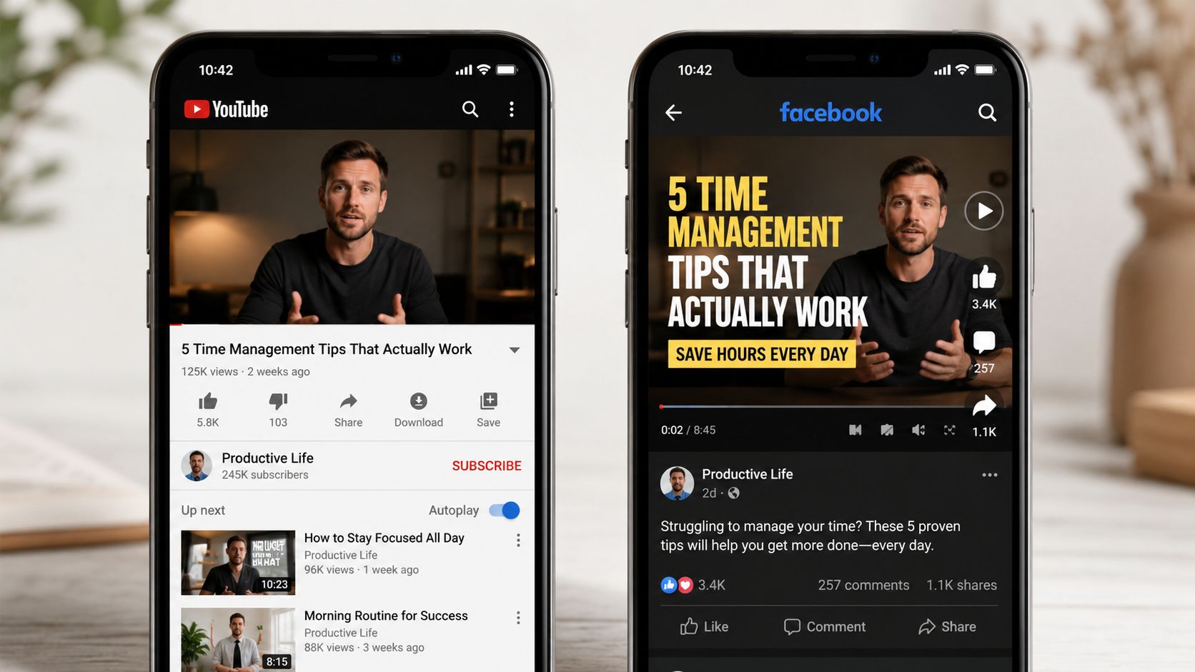 Two smartphones displaying a side-by-side comparison of the same video content on YouTube and Facebook applications.