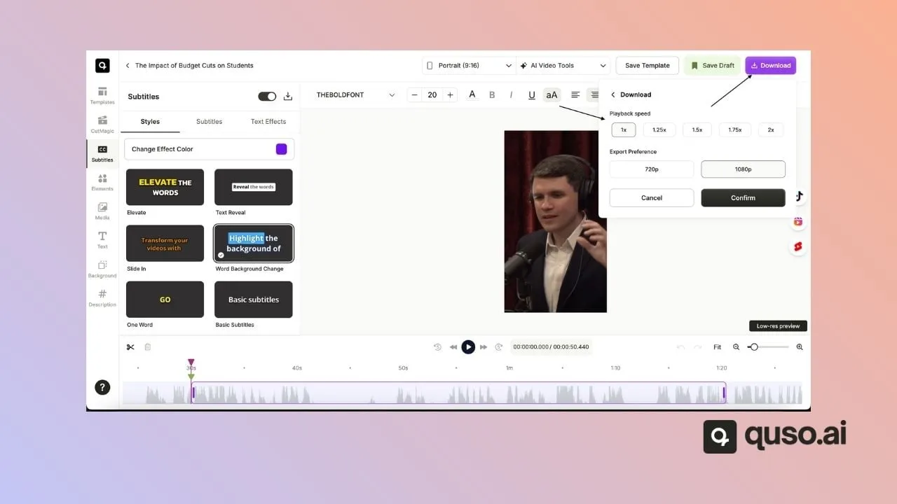 quso.ai download dialog with playback speed and 720p or 1080p export