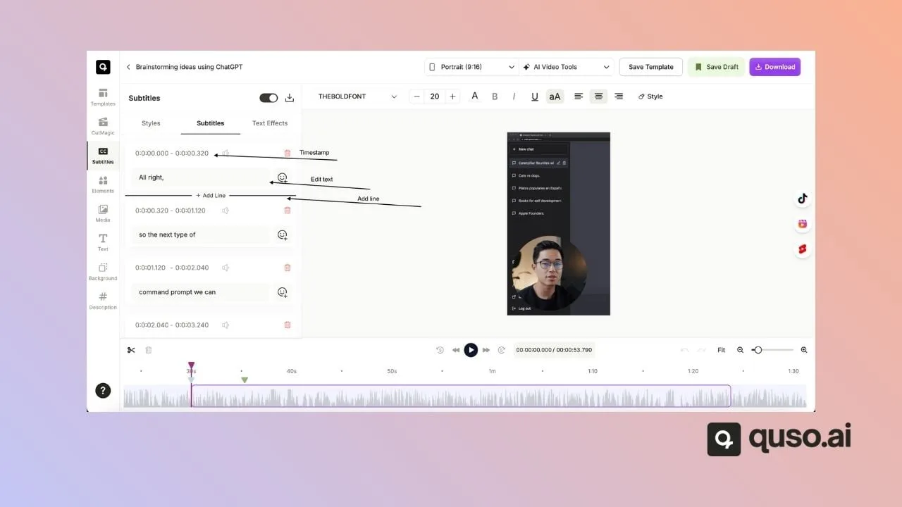 quso.ai editor Subtitles panel with timestamps and editable subtitle lines