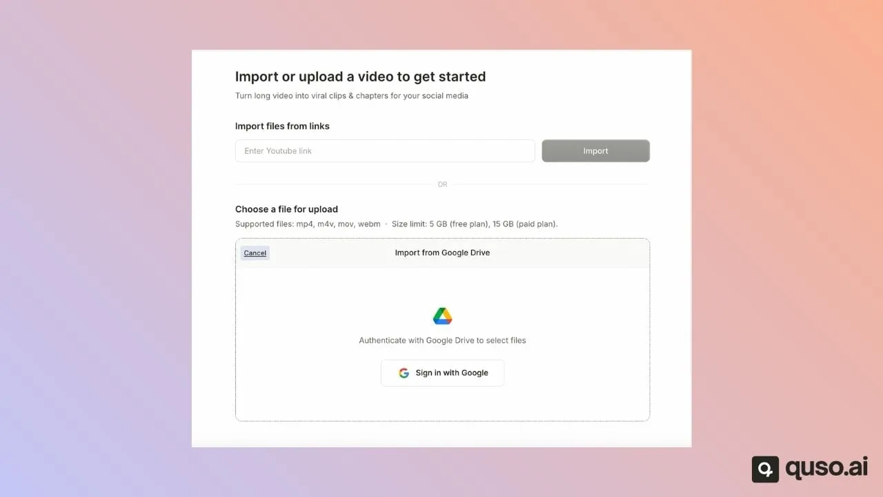 quso.ai import screen with a YouTube link field and file upload