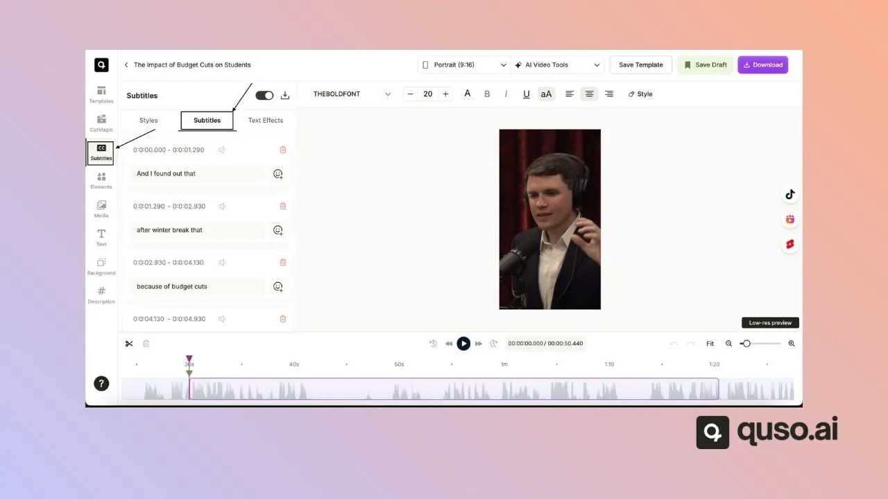 quso.ai editor Subtitles tab with timed caption lines and a 9:16 preview