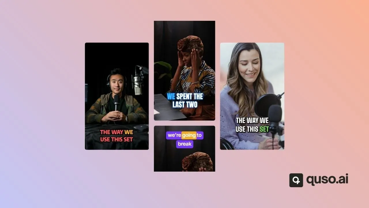 Four vertical podcast clips side by side, each in a different animated caption style