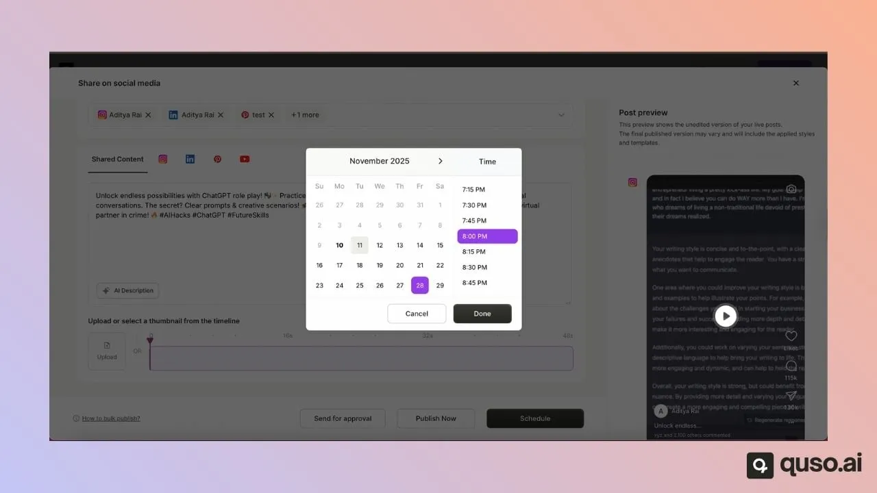quso.ai scheduling dialog with a date and time picker and Schedule and Publish Now buttons