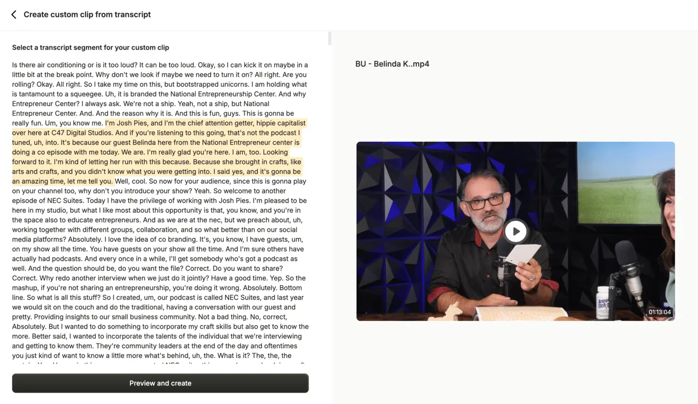 quso.ai Create custom clip from transcript screen with one passage highlighted next to a video preview